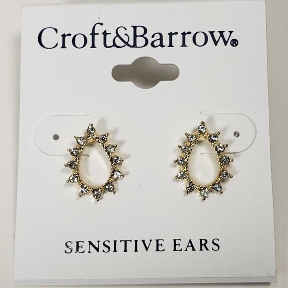 CROFT & BARROW, Women's Polished Gold-tone Hoop Clear Crystals  Stud Earrings - Picture 1 of 7